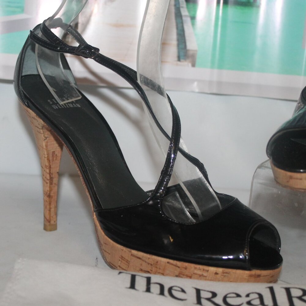 $385 Stuart Weitzman Exsling Patent Leather Strappy Cork Heels Sandals Real Real - Picture 3 of 7